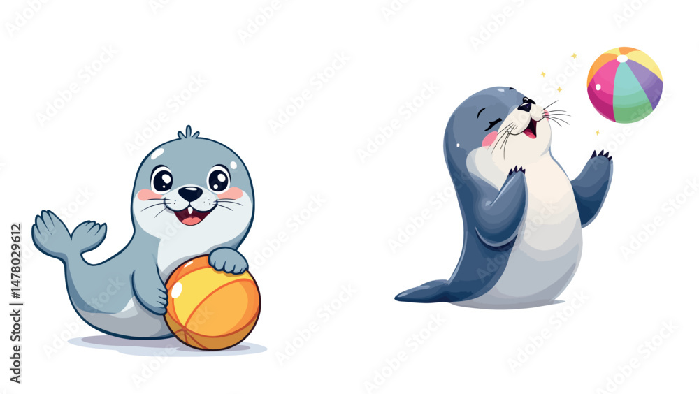 Fototapeta premium Vsai cute baby seals playing with balls, a cartoon illustration of adorable aquatic mammals