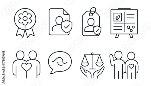 Line style icons of mutual care and limits in therapy: therapist self-care badge, therapeutic boundary file, presence with limits tag, sustainability plan board, shared humanity chart, “name the