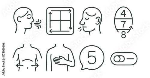Line style icons of breath-based meditation: inhale/exhale icon, breath square badge, nose focus tag, 4-7-8 rhythm chart, belly breathing board, hand on diaphragm file, guided breath counter bubble,