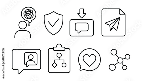 Line style icons of help-seeking steps: recognize crisis icon, decide to reach out badge, choose channel tag, contact sent file, reply from helper board, plan safety chart, confirm support bubble,