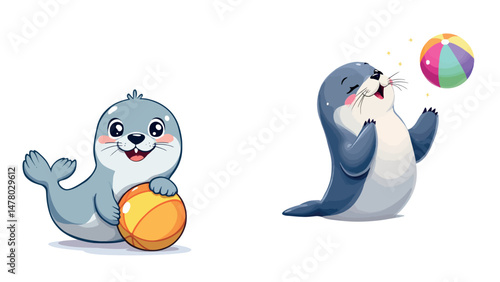Vsai cute baby seals playing with balls, a cartoon illustration of adorable aquatic mammals