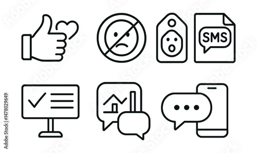 Line style icons of texting for safety: thumbs + heart icon, “can’t talk” badge, emoji-coded tag, safe SMS file, discreet language board, chat + signal chart, stay in touch bubble, short message help