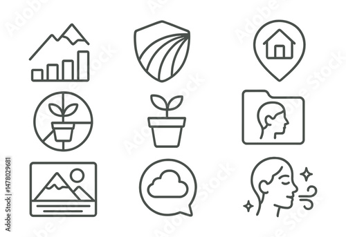 Line style icons of visualizations and imagery: mountain visualization icon, light stream badge, safe place tag, inner garden chart, future self file, peaceful scene board, cloud floating bubble,