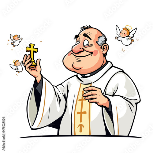 Vsai catholic priest holding cross with angels flying around, cartoon illustration