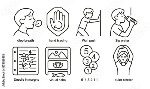 Line style icons of calm-down techniques in class: deep breath icon, hand tracing badge, wall push tag, sip water file, doodle in margins board, visual calm chart, 5-4-3-2-1 bubble, quiet stretch