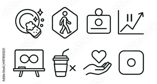 Line style icons of mindfulness in daily life: mindful dishwashing icon, slow walk badge, notice + name tag, pause in line chart, breath before reply board, silent sip file, daily act bubble, be here