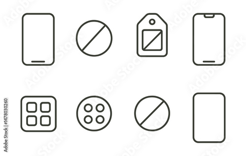 Line style icons of minimalist phone setup: single page icon, no badges badge, grayscale mode tag, cleared home screen file, calm interface board, no app folders chart, 4 icons only bubble, zero