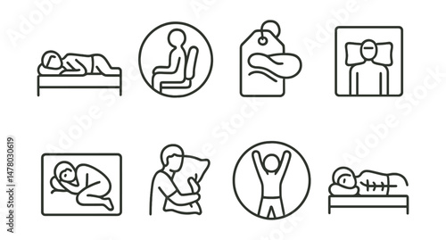 Line style icons of sleep posture and comfort: side sleep icon, back support badge, pillow for neck tag, sleep on back file, fetal position board, pillow hug chart, stretch before bed bubble, sleep