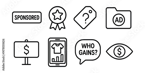 Line style icons of ad and influence awareness: sponsored icon, influencer badge, what’s the intent tag, ad filter file, paid content board, product post chart, “who gains?” bubble, clear motive