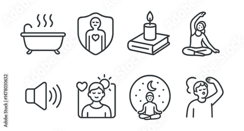 Line style icons of relaxation before sleep: warm bath icon, body scan badge, candle and journal tag, gentle yoga file, soft sound board, mindful moment chart, bedtime meditation bubble, sigh and
