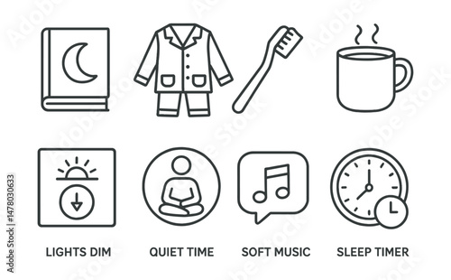 Line style icons of bedtime routine essentials: bedtime book icon, cozy pajamas badge, brush teeth tag, warm drink file, lights dim board, quiet time chart, soft music bubble, sleep timer symbol.