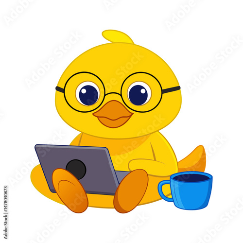 a yellow humanoid duck glasses sits laptop vector art