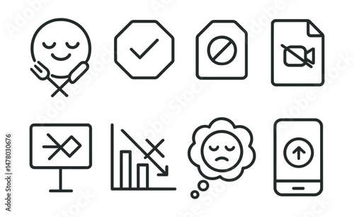 Line style icons of content boundary signals: “I’m full” icon, done for now badge, post limit tag, media off file, no more input board, close the app chart, “my mind is full” bubble, end the scroll
