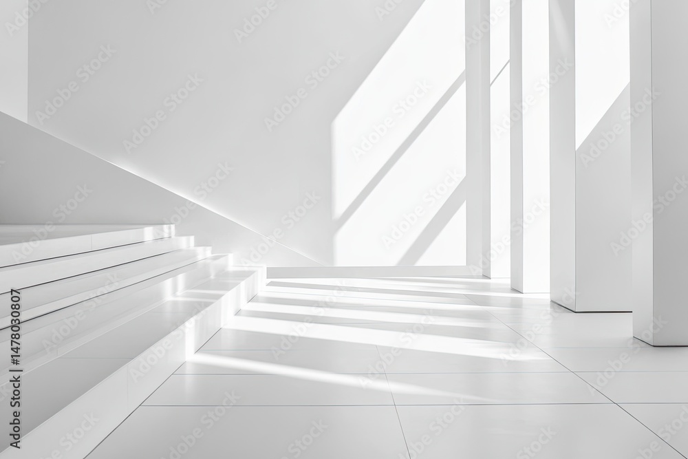 Obraz premium Minimalist white interior space with angled steps and sunlight