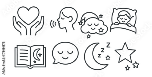 Line style icons of bedtime affirmations for kids: “you are loved” icon, soft whisper badge, magical dreams tag, cozy night file, moonlight story board, goodnight phrase chart, calm feeling bubble,