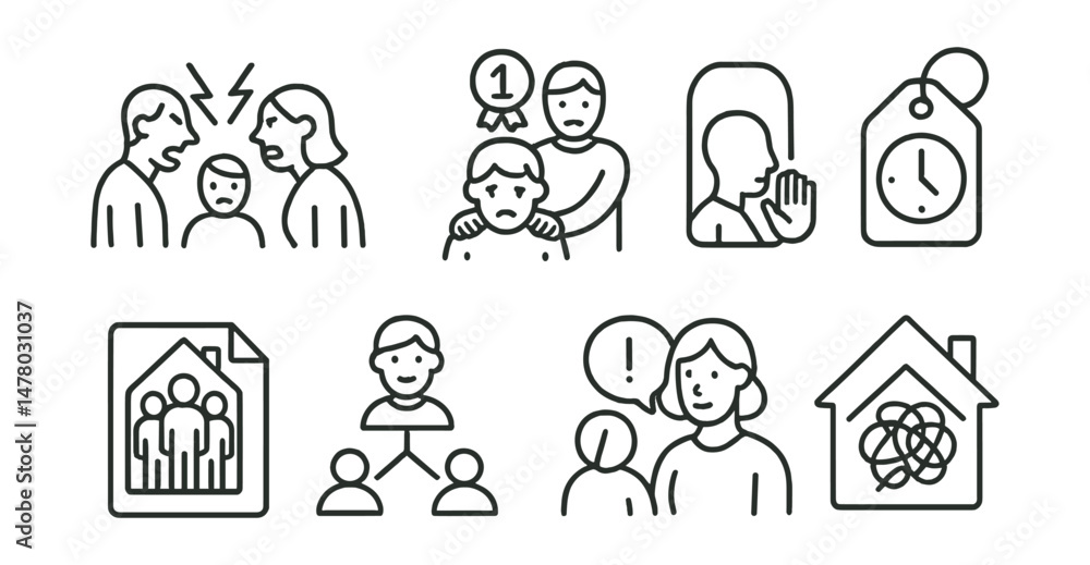 Line style icons of family and home dynamics: family argument icon, parent pressure badge, curfew rules tag, no space at home file, “I can’t talk” board, safe adult chart, caring but strict bubble, Line style icons of family and home dynamics: family argument icon, parent pressure badge, curfew rules tag, no space at home file, “I can’t talk” board, safe adult chart, caring but strict bubble,