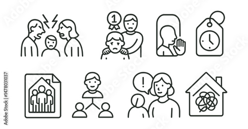 Line style icons of family and home dynamics: family argument icon, parent pressure badge, curfew rules tag, no space at home file, “I can’t talk” board, safe adult chart, caring but strict bubble,