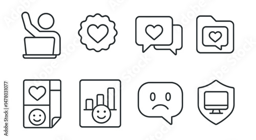 Line style icons of student empowerment online: stand up online icon, kindness comment badge, support reply tag, ally message file, empathy sticker board, positivity post chart, “not okay” bubble,