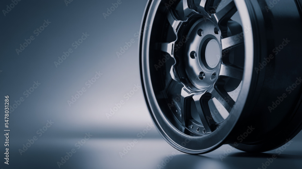 Obraz premium Close-up of a sleek, modern alloy wheel against a smooth gradient background.