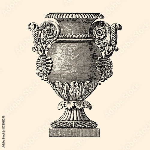 Ornate Antique Vase: A detailed illustration of an elegant antique vase, showcasing intricate carvings and classical design elements.  The vase features a spherical body, ornate handles.