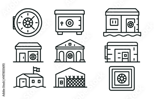 Line style icons of data storage security: physical vault icon, secure storage box, underground cold storage facility, armored cold room, remote bunker icon, institutional custody vault, secured