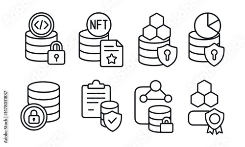 Line style icons of data storage security: tokenized data vault access, NFT-backed storage claim, decentralized storage rights, encrypted data ownership token, smart contract vault rights, proof of