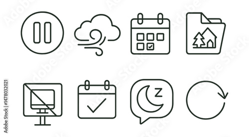 Line style icons of rest and reset practices: intentional pause icon, long exhale badge, calendar block tag, quiet weekend file, no-screen day board, guilt-free rest chart, sleep catch-up bubble,
