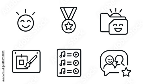 Line style icons of reconnecting to joy: mini joy icon, small delight badge, moment of laughter tag, warmth return file, rediscover hobby board, comfort playlist chart, laugh with friend bubble,
