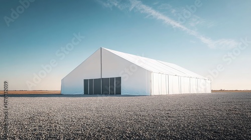 Large White Tent Structure in Open Field Under Blue Sky
