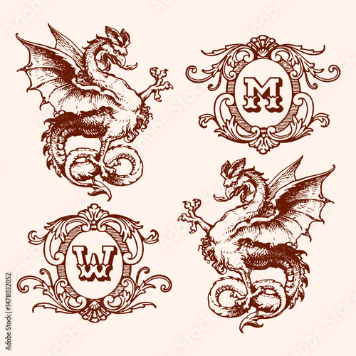 Vector set: tribal dragon silhouette with floral pattern and heraldic elements design