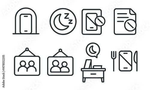 Line style icons of device boundaries at home: phone at entry icon, sleep zone badge, bedroom = no screen tag, tech curfew file, shared limit board, family policy chart, night shelf bubble, off at