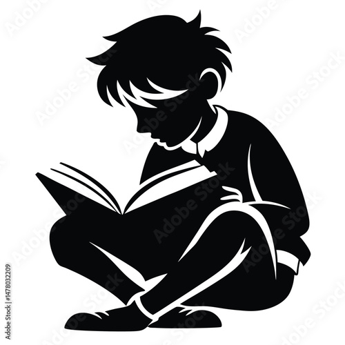 Silhouette of Boy Engrossed in Reading a Book, Sitting Comfortably, Focused on Story