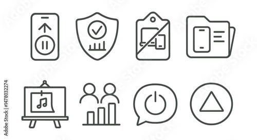 Line style icons of digital minimalism for teens: scroll pause icon, custom digital rule badge, tech-free zone tag, phone habits file, playlist instead board, peer pact chart, digital off together