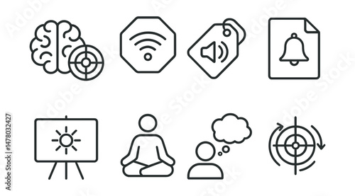 Line style icons of guided attention training: focus game icon, signal + respond badge, audio cue tag, attention bell file, visual cue board, short meditation chart, alert to drift bubble, regain