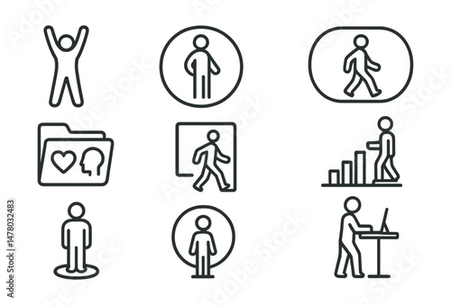 Line style icons of movement to support attention: stand and stretch icon, posture reset badge, walk loop tag, body + mind file, movement corner board, motion to refocus chart, physical anchor bubble