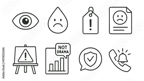 Line style icons of crisis and escalation prevention: see it early icon, mood drop badge, warning signs tag, “this is serious” file, act quickly board, not just drama chart, protect now bubble,