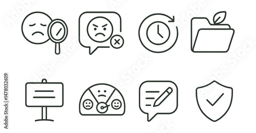 Line style icons of reflective tech habits: how it felt icon, “don’t reply in anger” badge, delay and re-read tag, digital detox file, pause before post board, tech emotion chart, journal after