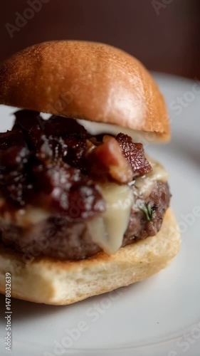 Close-up of a gourmet slider burger with meat, cheese, and caramelized onions on a white plate, perfect for food photography.
