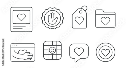 Line style icons of kindness online campaigns: post with love icon, random kindness badge, positivity challenge tag, share joy file, digital hugs board, meme of care chart, compliment generator