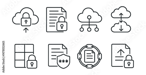 Line style icons of data storage security: secure cloud backup icon, encrypted file storage service, decentralized cloud backup, multi-cloud data replication, file sharding security, zero-knowledge