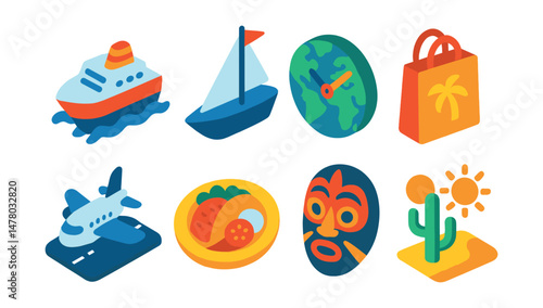 Isometric flat vector icons of Travel Exploration: cruise ship on waves, sailing yacht with flag, world clock with time zones, souvenir bag, airplane runway, local food plate, cultural mask, desert