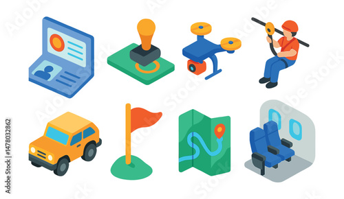 Isometric flat vector icons of Travel Exploration: visa document, border crossing stamp, aerial drone for travel shots, zip line adventure, desert 4x4 vehicle, travel group flag, roadtrip route map,