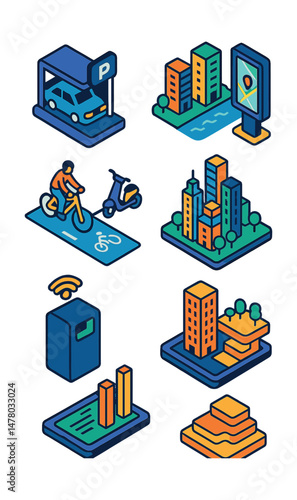 Isometric flat vector icons of Cityscape Evolution: smart parking garage, waterfront urban development, interactive map totem, shared mobility lane, vertical city model, smart waste collection unit,