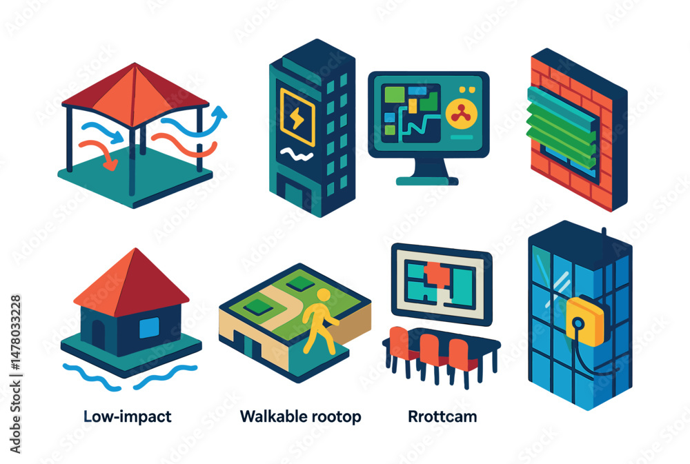Fototapeta premium Isometric flat vector icons of Architectural Innovation: pavilion with airflow simulation, building with digital energy dashboard, urban planning algorithm interface, retractable green shading façade