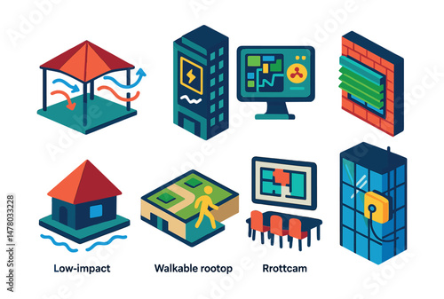 Isometric flat vector icons of Architectural Innovation: pavilion with airflow simulation, building with digital energy dashboard, urban planning algorithm interface, retractable green shading façade
