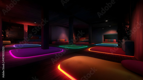 Dark, colorful meditation space with padded seating areas outlined by neon lights