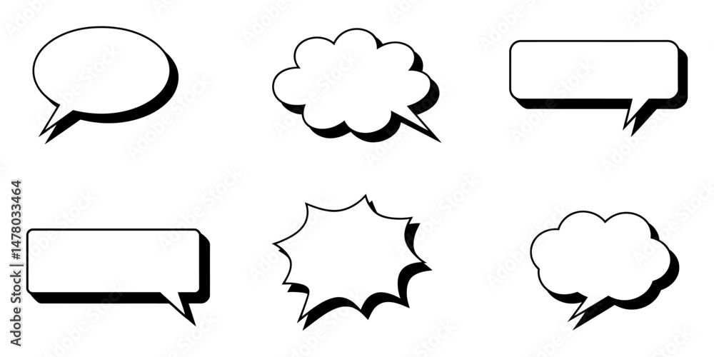 Obraz premium Retro empty comic bubbles and elements set with black halftone shadows, Comic Speech Bubbles, Set of speech bubble, comic sticker, chat box and empty social media message balloon silhouette.