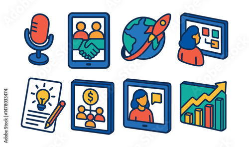 Isometric flat vector icons of Entrepreneurial Ventures: entrepreneur podcast mic, co-founder agreement screen, global product launch, incubator mentor board, innovation brainstorming sheet, team