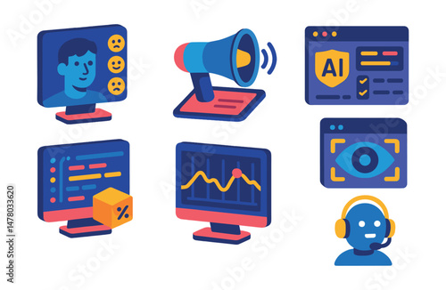 Isometric flat vector of AI Development: emotion recognition AI, speech-to-text converter, recommendation system UI, AI bias detection panel, intelligent code completion, anomaly detection dashboard,