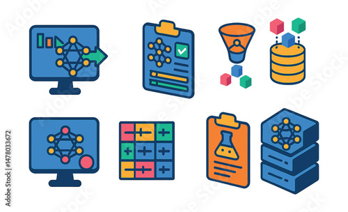 Isometric flat vector of Machine Learning Models: real-time inference panel, model scoring system, evaluation pipeline, synthetic data generation, interactive model playground, hyperparameter tuning